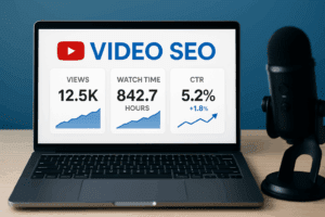 Laptop mit YouTube-Statistiken zu Video SEO: 12.5K Views, 842.7 Stunden Watch Time und 5.2 % CTR, daneben ein Mikrofon auf einem Schreibtisch.